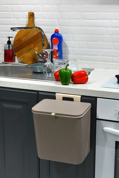 İronika 15 Lt Çift Yöne Açılabilen Kapaklı Dolap Askılı ve Tezgah Üstü Mutfak Banyo Lavabo Çöp Kovası -Latte - 4