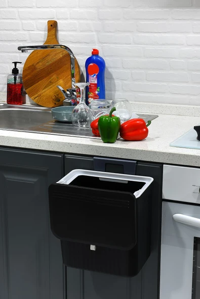 İronika 15 Lt Çift Yöne Açılabilen Kapaklı Dolap Askılı ve Tezgah Üstü Mutfak Banyo Lavabo Çöp Kovası -Siyah - 4