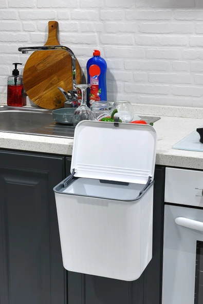 İronika 15 Lt Çift Yöne Açılabilen Kapaklı Dolap Askılı ve Tezgah Üstü Mutfak Banyo Lavabo Çöp Kovası -Beyaz - 3