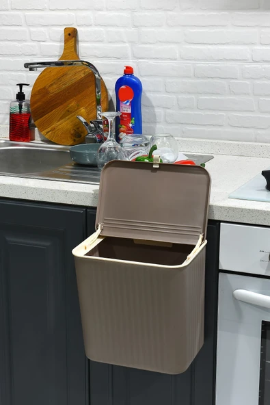 İronika 15 Lt Çift Yöne Açılabilen Kapaklı Dolap Askılı ve Tezgah Üstü Mutfak Banyo Lavabo Çöp Kovası -Latte - 5