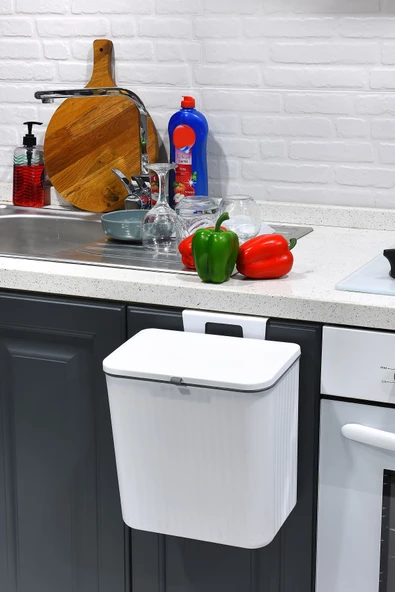 İronika 15 Lt Çift Yöne Açılabilen Kapaklı Dolap Askılı ve Tezgah Üstü Mutfak Banyo Lavabo Çöp Kovası -Beyaz - 5