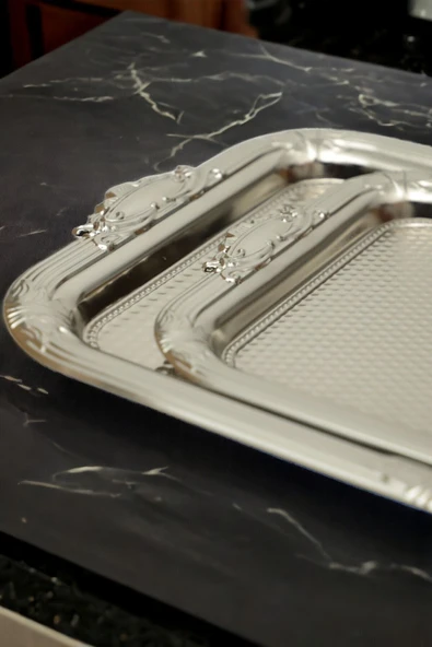 İronika 2'li Kararmaz Dekoratif Dikdörtgen Gümüş Kahve Çay Tepsisi Sunum Tepsisi - Resim 2