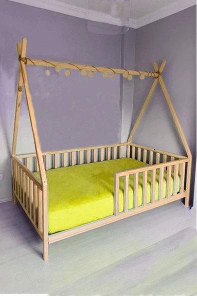 Özgök Tarım Çatılı Unisex Montessori Bebek Ve Çocuk Karyolası Doğal Ahşap Yatak - 1