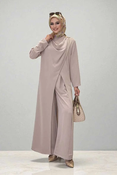 Tek Omuz Gold Toka Detaylı Tunik Pantolon Takım 8698 Vizon ürün görseli