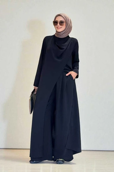 Tek Omuz Gold Toka Detaylı Tunik Pantolon Takım 8698 Siyah ürün görseli