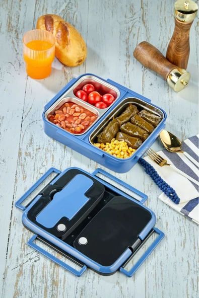 YK-1392 ÖZEL SERİ LÜX PASLANMAZ ÇELİK 3 HAZNELİ YEMEK KABI YEMEK TERMOSU-MAVİ - Resim 4