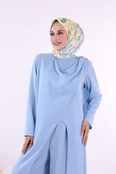 Tek Omuz Gold Toka Detaylı Tunik Pantolon Takım 8698 Bebe Mavisi - Resim 5