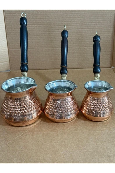 3 Lü Tombik Bakır Cezve Dövme El İşciliği - Resim 2