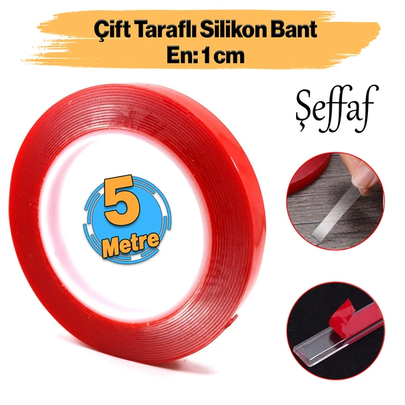 Çift Taraflı Silikon Bant Montaj Bandı Şeffaf 10 mm x 5 Metre Güçlü Çok Amaçlı Yapıştırıcı 1 Adet ürün görseli