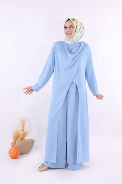 Tek Omuz Gold Toka Detaylı Tunik Pantolon Takım 8698 Bebe Mavisi - Resim 2