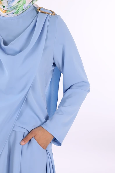 Tek Omuz Gold Toka Detaylı Tunik Pantolon Takım 8698 Bebe Mavisi - Resim 6