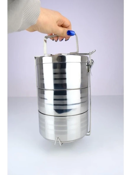 3’lü Çelik Hazneli Yemek Taşıma Saklama ve Sefer Tası Iş Ofis Okul Için Gri - YK1091 C320.025 - 2