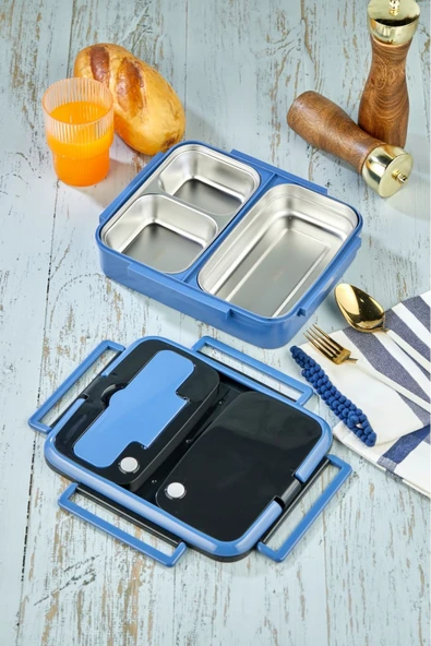 YK-1392 ÖZEL SERİ LÜX PASLANMAZ ÇELİK 3 HAZNELİ YEMEK KABI YEMEK TERMOSU-MAVİ - Resim 6