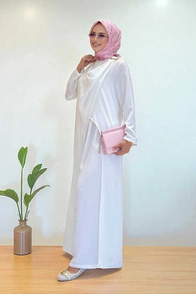 Tek Omuz Gold Toka Detaylı Tunik Pantolon Takım 8698 Ekru - Resim 3