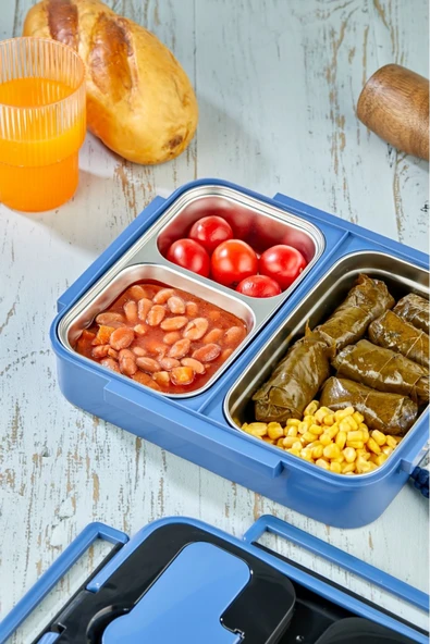 YK-1392 ÖZEL SERİ LÜX PASLANMAZ ÇELİK 3 HAZNELİ YEMEK KABI YEMEK TERMOSU-MAVİ - Resim 5