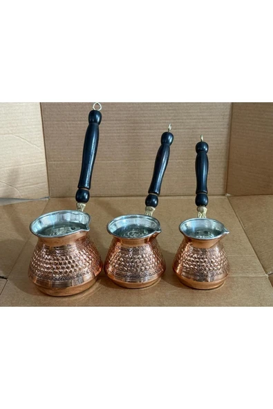 3 Lü Tombik Bakır Cezve Dövme El İşciliği - Resim 3