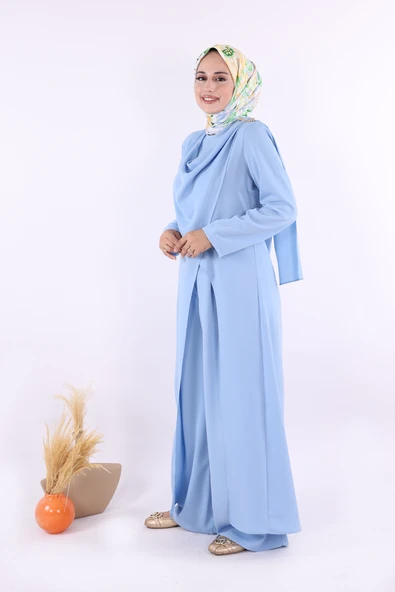 Tek Omuz Gold Toka Detaylı Tunik Pantolon Takım 8698 Bebe Mavisi - Resim 3