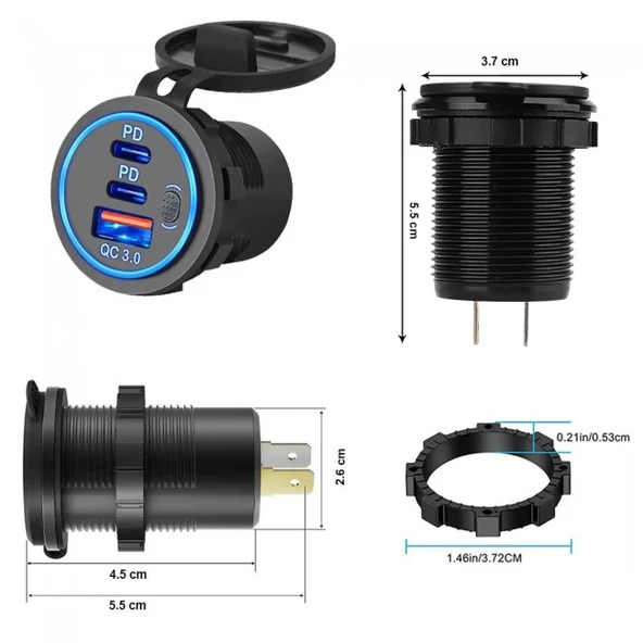 Usb Araç tekne şarj soketi PD3.0 ve QC3.0 çift USB-C bağlantı noktaları - Resim 3