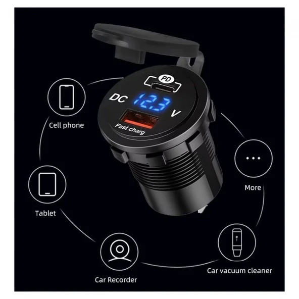Araç tekne çakmaklık şarjı PD QC3 volt Ölçer ile Hızlı Şarj 12V/24V - Resim 2
