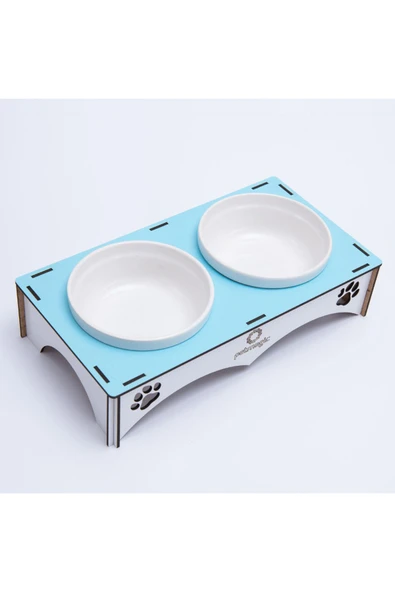 Petmagic Ahşap, Beyaz Seramik Kaseli Kedi, Mini Irk Köpek Mama Kabı, Açık Mavi - Resim 4