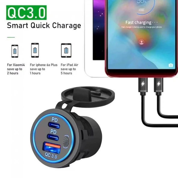 Usb Araç tekne şarj soketi PD3.0 ve QC3.0 çift USB-C bağlantı noktaları - Resim 2