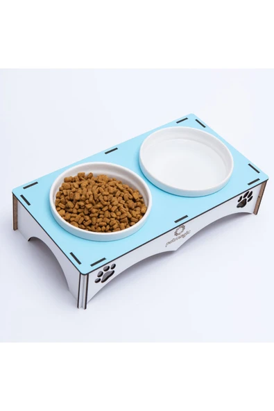 Petmagic Ahşap, Beyaz Seramik Kaseli Kedi, Mini Irk Köpek Mama Kabı, Açık Mavi ürün görseli