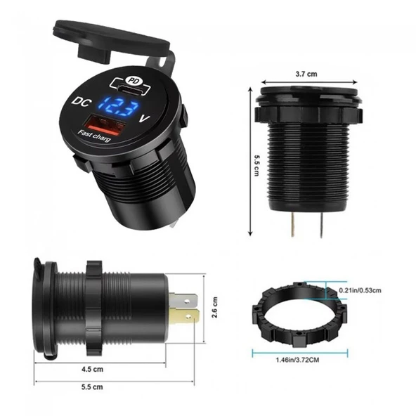 Araç tekne çakmaklık şarjı PD QC3 volt Ölçer ile Hızlı Şarj 12V/24V - Resim 5