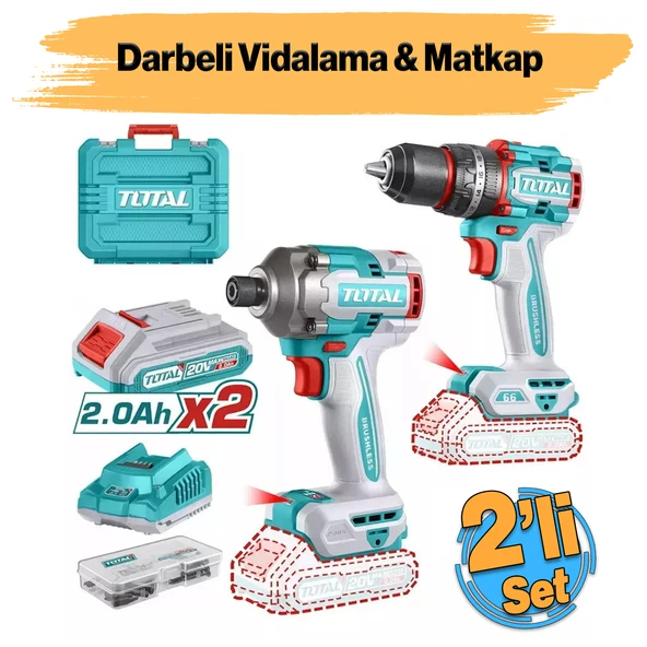 Şarjlı Akülü Vidalama Matkap 2'li Set 20 V 4.0 Ah Batarya Darbeli Vidalama Matkap Vida Sıkma Sökme ürün görseli