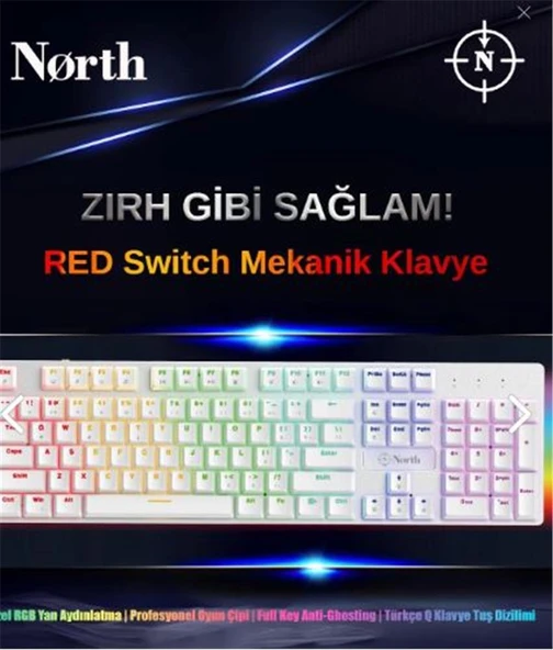 North Shield White Red Switch Türkçe Q RGB Beyaz Mekanik Gaming Klavye - Resim 2