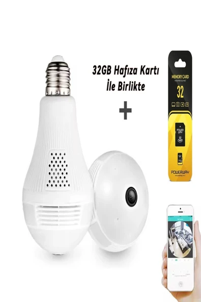 ULTRATEKNO Gerçek 1080P FHD Ampul Kamera Balık Gözü Lens 360° Panoramik Ev Güvenlik Kamerası + 32GB Hafıza Kart