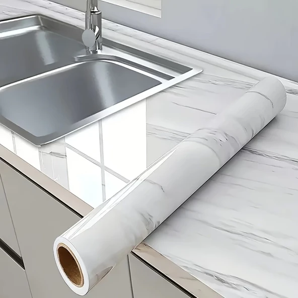 Mermer Desenli Mutfak Duvar Kağıdı Sticker - 5m X 60cm: Su Ve Yağa Dayanıklı, Yüksek Sıcaklık Esnekliğine Sahip Tezgah, Dolap, Ocak Yenileme Folyosu T10 - Resim 3