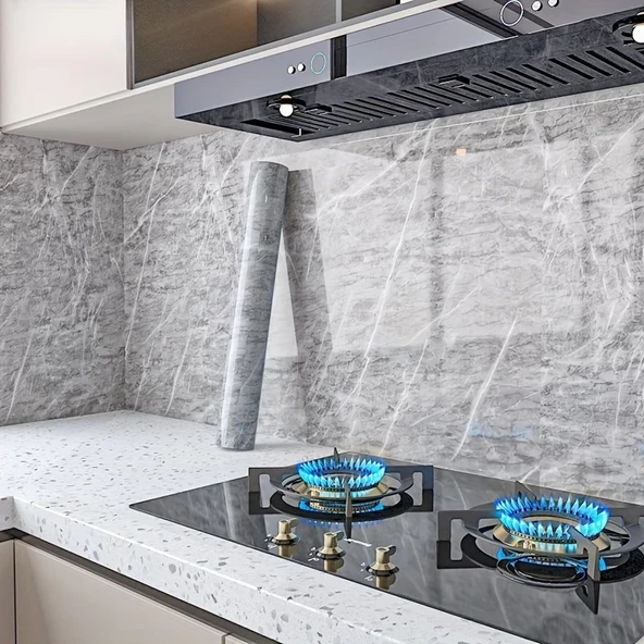 Mermer Desenli Mutfak Duvar Kağıdı Sticker - 5mx60cm Su Geçirmez, Yağa Dayanıklı, Yüksek Sıcaklığa Dayanıklı Tezgah, Dolap, Ocak Yenileme Folyosu T04 - Resim 2