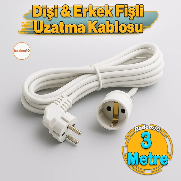 Seyyar Uzatma Kablosu 3 Metre Dişi-Erkek Fişli F19C Kalın Priz Prizli Sanayi Bahçe Elektrik Kablosu ürün görseli