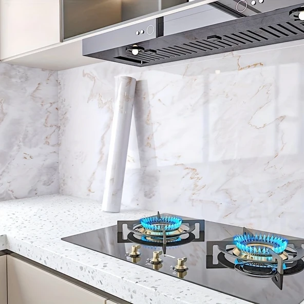 Mermer Desenli Mutfak Duvar Kağıdı Sticker - 5mx60cm Su Geçirmez, Yağa Dayanıklı, Yüksek Sıcaklığa Dayanıklı Tezgah, Dolap, Ocak Yenileme Folyosu T04 - Resim 8