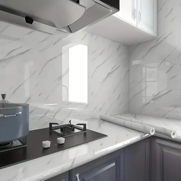 Mermer Desenli Mutfak Duvar Kağıdı Sticker - 5m X 60cm: Su Ve Yağa Dayanıklı, Yüksek Sıcaklık Esnekliğine Sahip Tezgah, Dolap, Ocak Yenileme Folyosu T10 ürün görseli