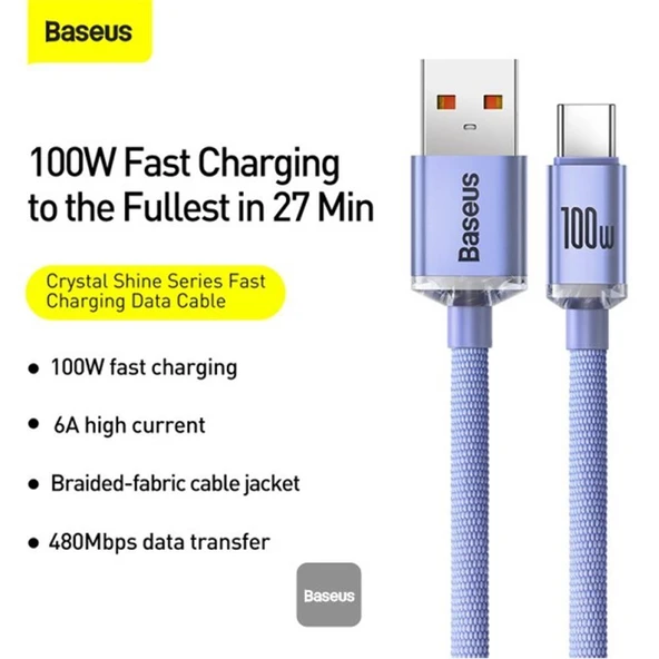 Baseus CAJY000405 1.2mt Crystal Cable USB-A to Type-C Fast Charge Data Cable 100W 5A1.2M-Purple - Resim 2
