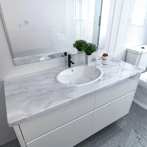 Mermer Desenli Mutfak Duvar Kağıdı Sticker - 5mx60cm Su Geçirmez, Yağa Dayanıklı, Yüksek Sıcaklığa Dayanıklı Tezgah, Dolap, Ocak Yenileme Folyosu T04 - Resim 7