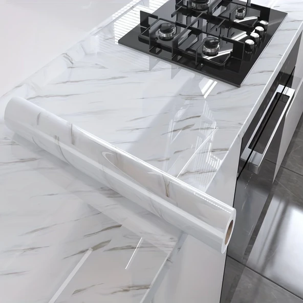 Mermer Desenli Mutfak Duvar Kağıdı Sticker - 5mx60cm Su Geçirmez, Yağa Dayanıklı, Yüksek Sıcaklığa Dayanıklı Tezgah, Dolap, Ocak Yenileme Folyosu T04 - Resim 6