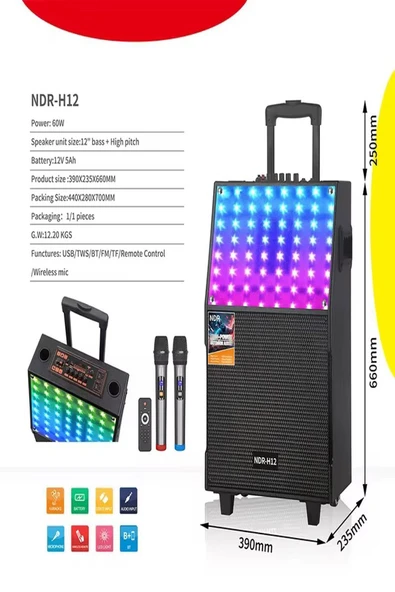 ULTRATEKNO NDR-H12 60 WATT Karaoke Ses Sistemi RGB Işıklı Çift Mikrofonlu Kumandalı DJ Bluetooth Hoparlör - 3