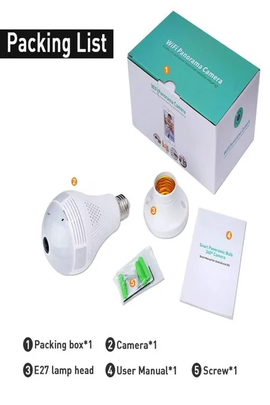 ULTRATEKNO Gerçek 1080P FHD Ampul Kamera Balık Gözü Lens 360° Panoramik Ev Güvenlik Kamerası + 32GB Hafıza Kart - 6