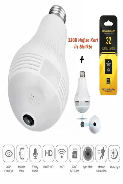 ULTRATEKNO Gerçek 1080P FHD Ampul Kamera Balık Gözü Lens 360° Panoramik Ev Güvenlik Kamerası + 32GB Hafıza Kart - 4