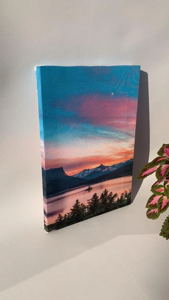 Göl Dağ Ve Gün Batımı Manzaralı Natürel Ahşap Çerçeve Ev İşyeri Ofis Duvar Kanvas Tablo MNZ28 ürün görseli