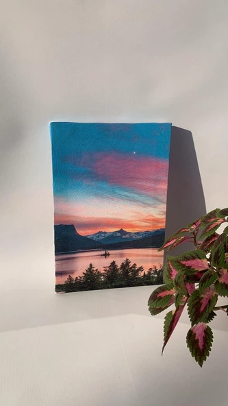 Göl Dağ Ve Gün Batımı Manzaralı Natürel Ahşap Çerçeve Ev İşyeri Ofis Duvar Kanvas Tablo MNZ28 - Resim 5