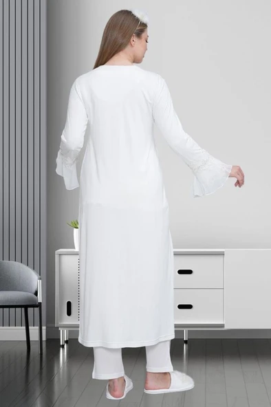 Mecit 1517 Bayan Hamile Lohusa Ekru Sabahlıklı Pijama Takımı - Resim 4