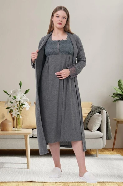 Mecit 6007 Bayan Hamile Lohusa Füme Sabahlık Gecelik Takımı - Resim 2