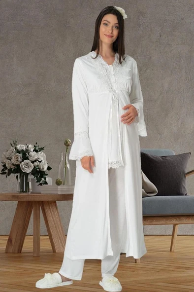 Mecit 1517 Bayan Hamile Lohusa Ekru Sabahlıklı Pijama Takımı ürün görseli