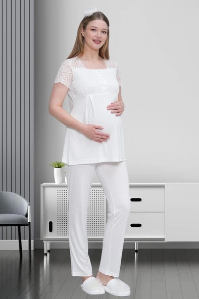 Mecit 1517 Bayan Hamile Lohusa Ekru Sabahlıklı Pijama Takımı - Resim 6