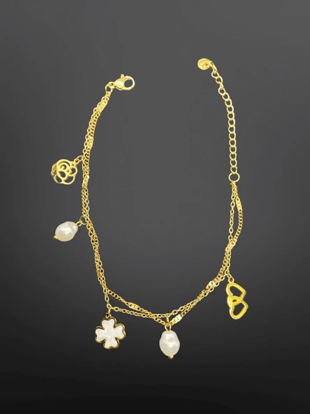 Altın Renk Zincir İnci Model 316L Çelik Şans Yoncası ve Kalp Charm’lı Zarif Bileklik ürün görseli 1