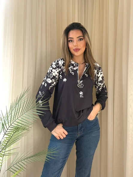 Kadın Uzun Kollu önden Fermuarlı çiçek Desenli şardonlu Dalgıç Bluz - Resim 3