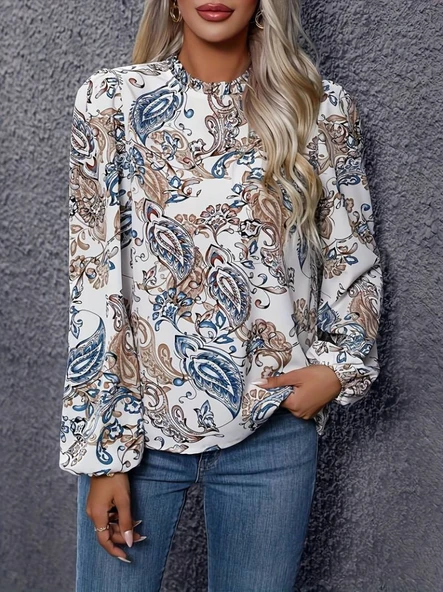 Kadın Uzun Kollu Yarı Balıkçı Yaka Desenli Süprem Bluz - Resim 3